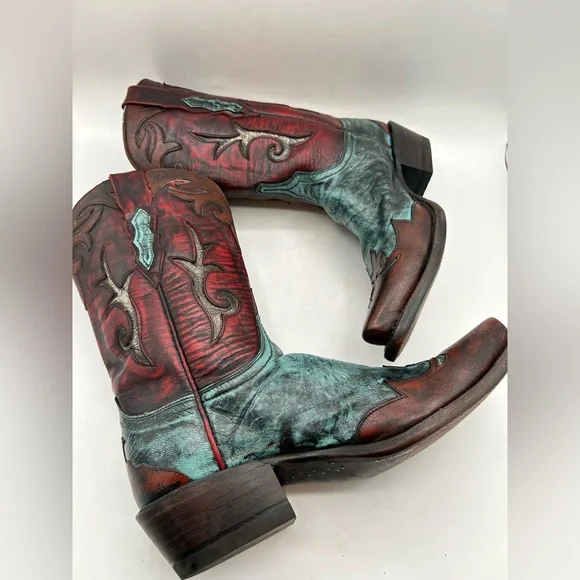 Lucchese Women’s Western Cowboy Boots Red Teal & Brown Distressed Leather Size 7 - Picture 9 of 17